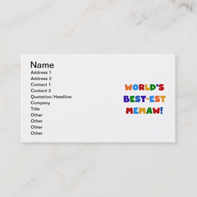 World's Best-est Memaw Bright Colours Tshirts Business Card (Front)