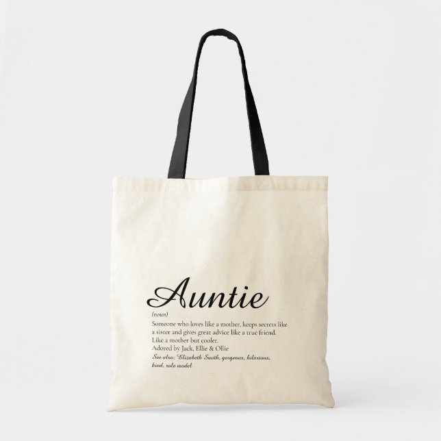 World's Best Ever Aunt, Auntie Definition Script Tote Bag (Front)