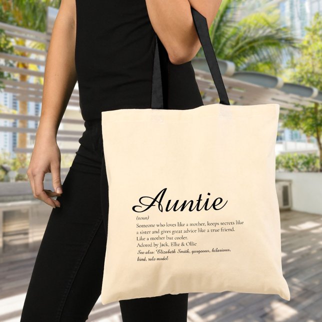 World's Best Ever Aunt, Auntie Definition Script Tote Bag (Aunt Auntie Personalized Definition Quote Script Tote Bag)