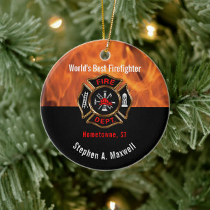 World's Best Firefighter Flames Class Photo Ceramic Tree Decoration