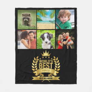World's Best Funcle Uncle Photo Collage Gold Black Fleece Blanket