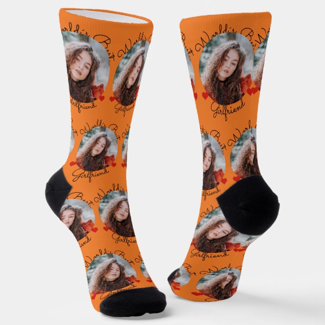 World's Best Girlfriend Burst Orange Custom photo Socks (Angled)