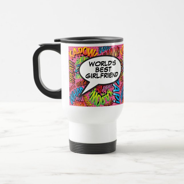 World's Best Girlfriend Fun Retro Comic Book Pink Travel Mug (Left)