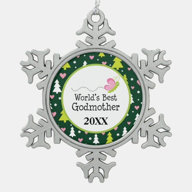 World's Best Godmother Christmas Gift Snowflake Pewter Christmas Ornament (Front)