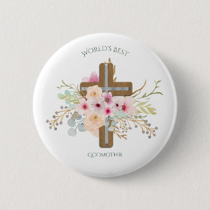 World's Best GODMOTHER Gift - Floral Cross 6 Cm Round Badge