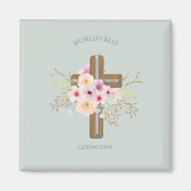World's Best GODMOTHER Gift - Floral Cross Magnet (Front)