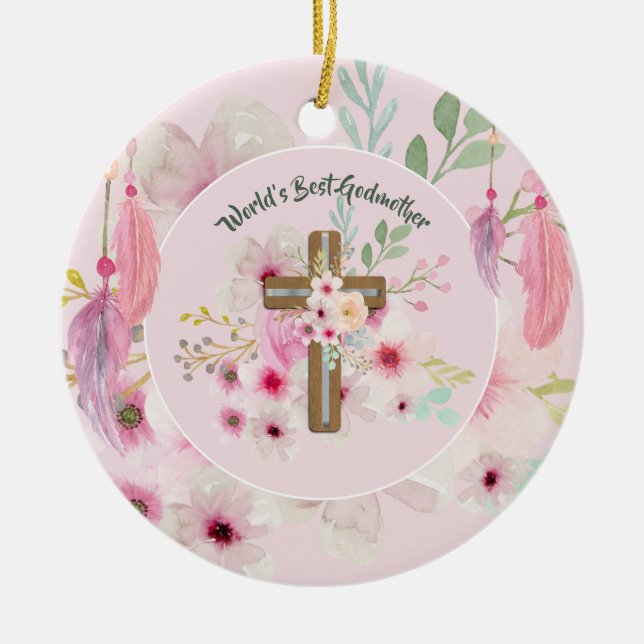 World's Best GODMOTHER POEM - Floral Cross Ceramic Tree Decoration (Front)