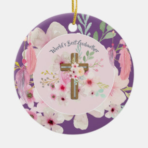 World's Best GODMOTHER POEM - Floral Cross Ceramic Tree Decoration