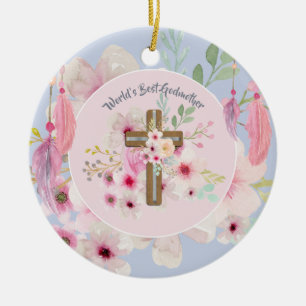 World's Best GODMOTHER POEM - Floral Cross Ceramic Tree Decoration