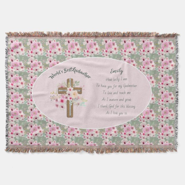 World's Best GODMOTHER POEM - Floral Cross Throw Blanket (Front)