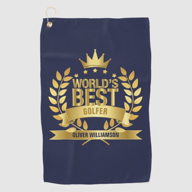 World's Best Golfer Navy Blue And Gold 5 Star Golf Towel (Front)