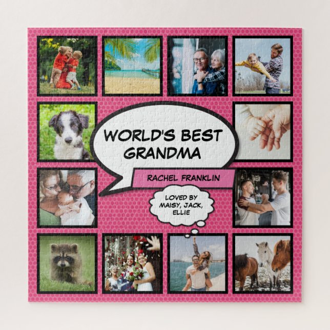 Worlds Best Grandma 12 Photo Collage Fun Pink Jigsaw Puzzle (Vertical)