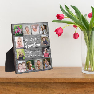 World's Best Grandma 12 Photo Grandkids Grey Wood Plaque