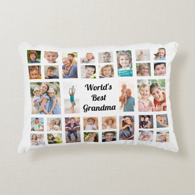 World's Best Grandma 32 Family Photo Collage White Decorative Cushion (Front)