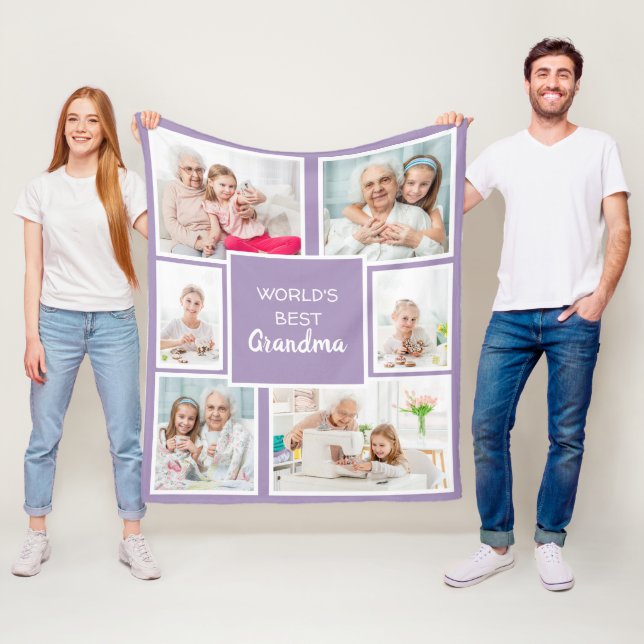 World's Best Grandma 6 Photo Collage Purple Fleece Blanket (In Situ)