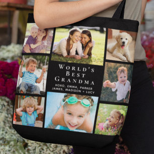 World's Best Grandma 8 Photo Collage Black Tote Bag