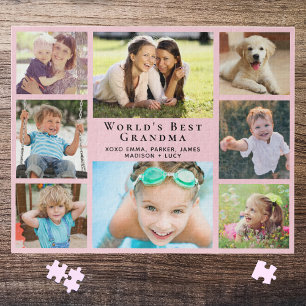 World's Best Grandma 8 Photo Collage Pink Jigsaw Puzzle