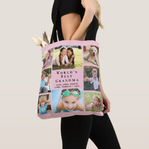 World's Best Grandma 8 Photo Collage Pink Tote Bag
