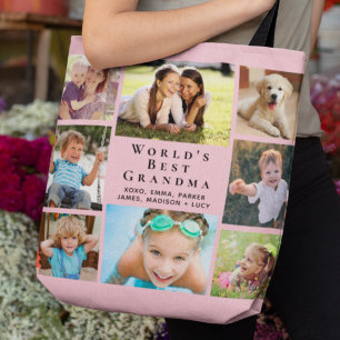 World's Best Grandma 8 Photo Collage Pink Tote Bag