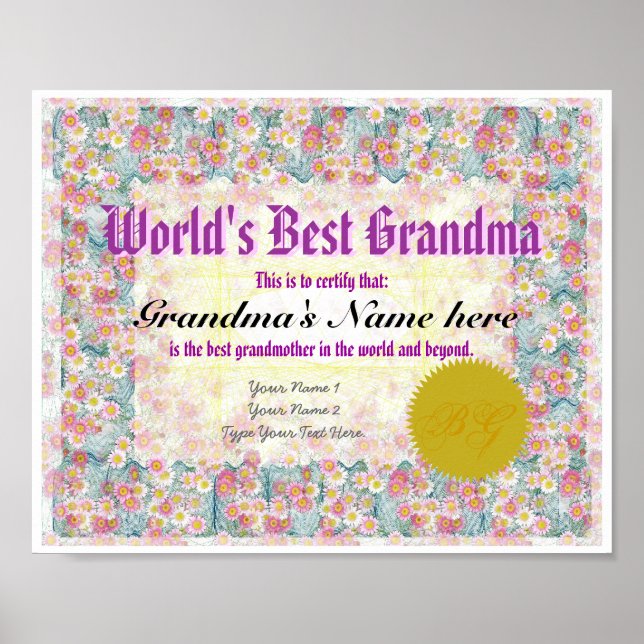 World's Best Grandma Award Certificate Print (Front)