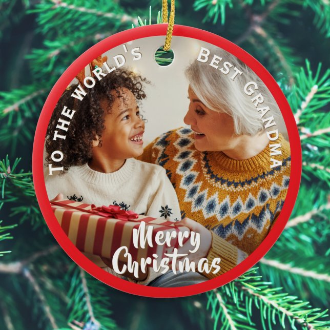 World's Best Grandma Custom Photo Christmas Ceramic Tree Decoration (Create your own festive. ornament for Grandma. complete with your choice of photo and message)
