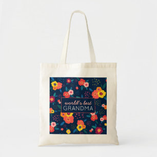 World's Best Grandma Floral Pattern Blue Pink Tote Bag