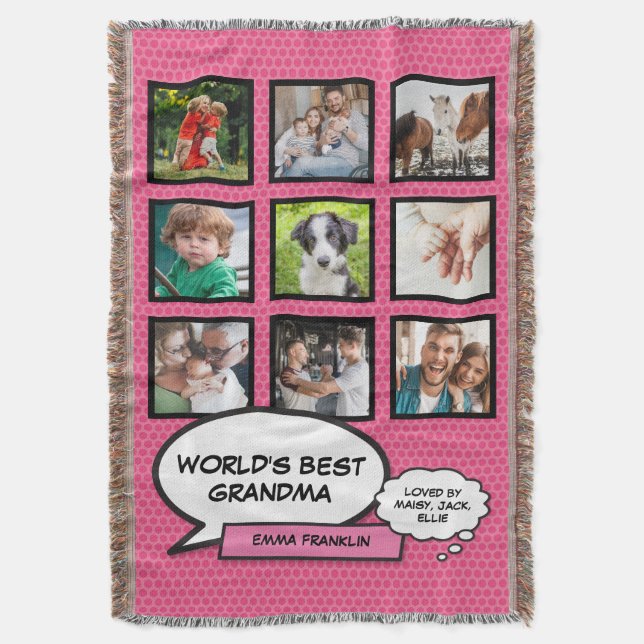 World's Best Grandma Fun Cool Pink Photo Collage Throw Blanket (Front Vertical)