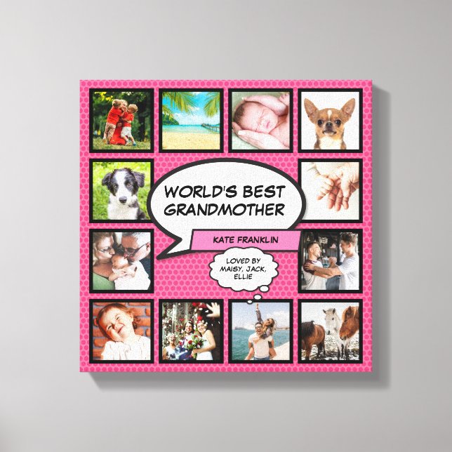 Worlds Best Grandma Fun Pink Photo Collage Canvas Print (Front)