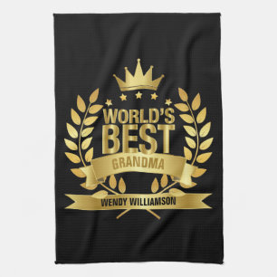 World's Best Grandma Grandmother Gold Black Tea Towel