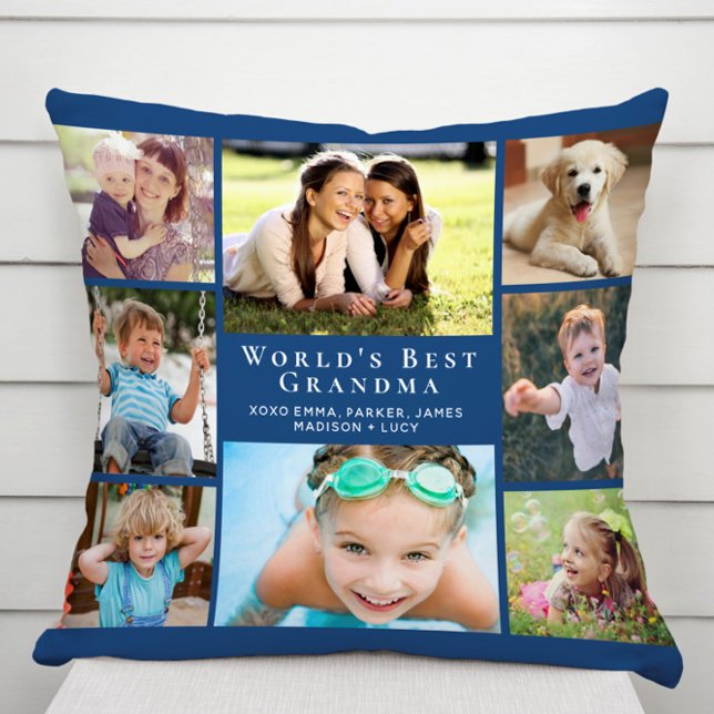 World's Best Grandma Photo Collage Blue Cushion (Creator Uploaded)