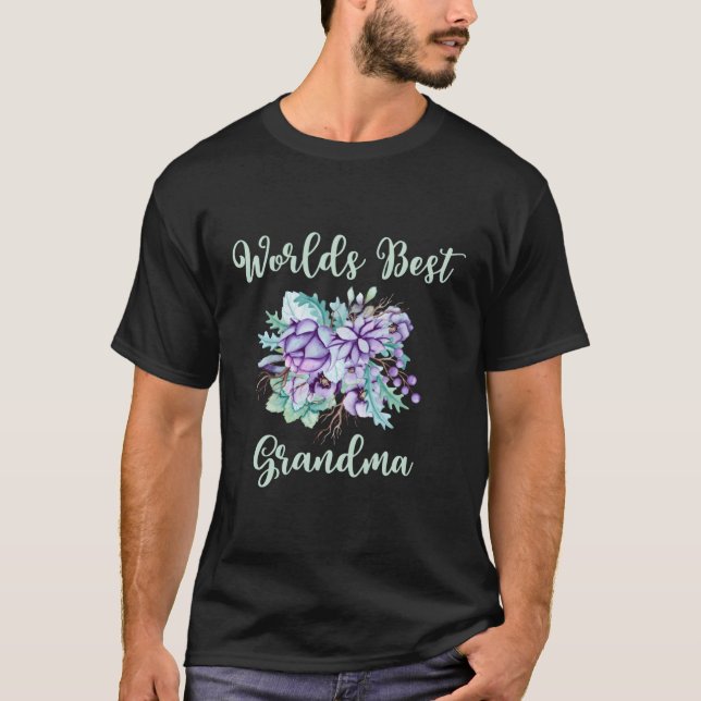 Worlds Best Grandma Purple Aqua Flower T-Shirt (Front)