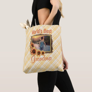 World's Best Grandma Sunflowers And Plaid Tote Bag