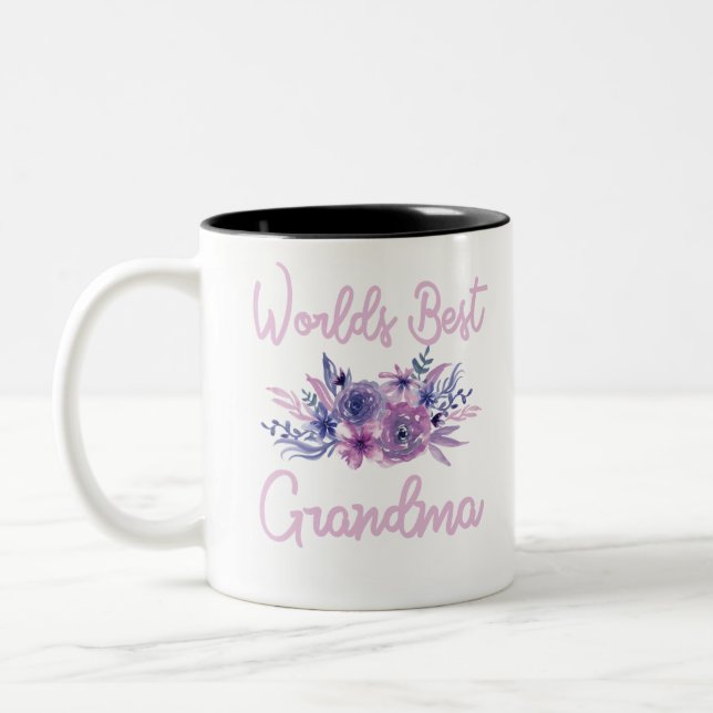 Worlds Best Grandma tshirt Purple Aqua Flower Two-Tone Coffee Mug (Left)