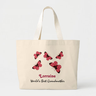 World's Best Grandmother Name Pink Butterflies Large Tote Bag