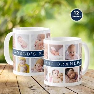 World's Best Grandpa 12 Photo Collage Blue Coffee Mug