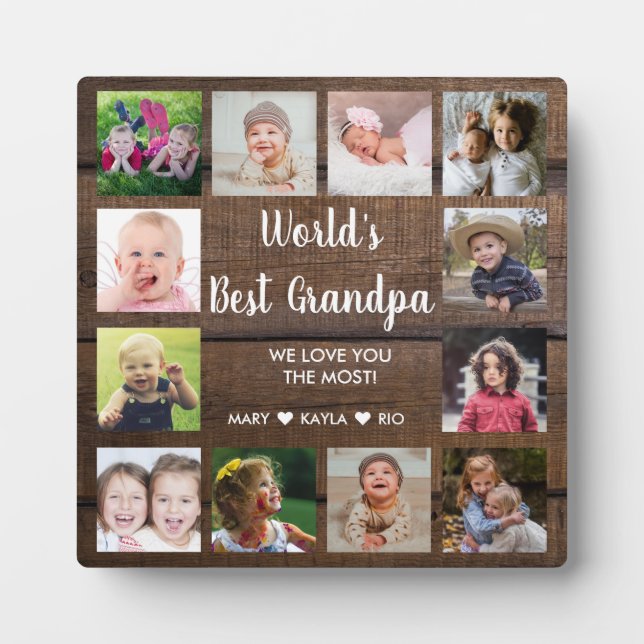 World's Best Grandpa 12 Photo Collage Dark Wood  Plaque (Front)