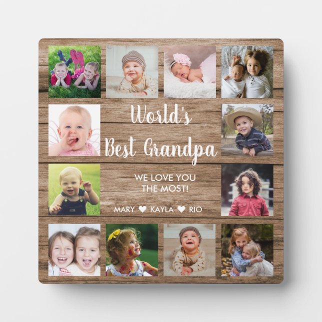 World's Best Grandpa 12 Photo Collage Rustic Wood Plaque (Front)