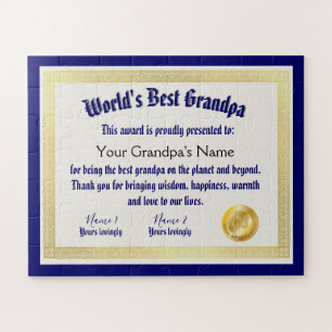 World's best grandpa award certificate jigsaw puzzle