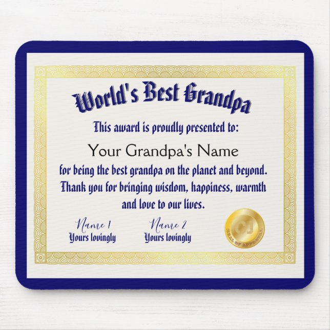 World's best grandpa award certificate mouse mat (Front)