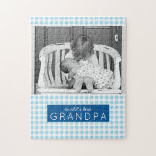 World's Best Grandpa Blue Plaid Personalised Photo Jigsaw Puzzle