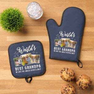World's Best Grandpa Custom 3 Photo Collage Oven Mitt & Pot Holder Set