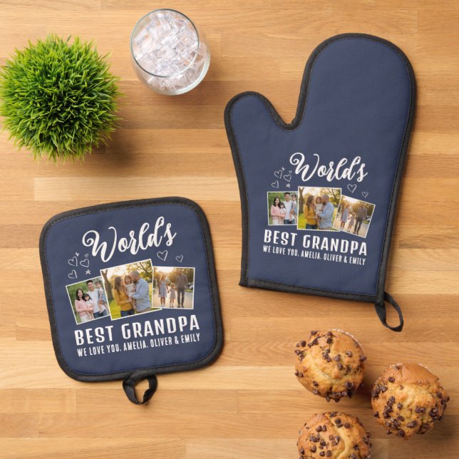 World's Best Grandpa Custom 3 Photo Collage Oven Mitt & Pot Holder Set (Top Down)