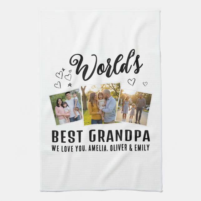 World's Best Grandpa Custom 3 Photo Collage Tea Towel (Vertical)