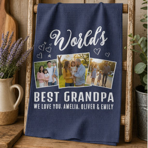 World's Best Grandpa Custom 3 Photo Collage Tea Towel