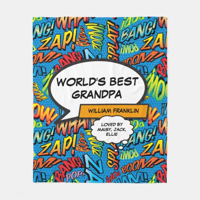 World's Best Grandpa, Grandfather Fun Comic Blue Fleece Blanket (Front)