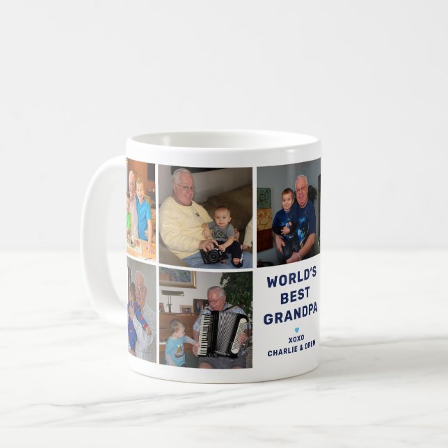 World's Best Grandpa Navy Modern Photo Collage Coffee Mug (Front Left)