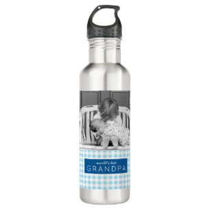 World's Best Grandpa Photo Personalised Blue Plaid 710 Ml Water Bottle