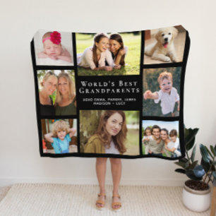 World's Best Grandparents Photo Collage Black Fleece Blanket