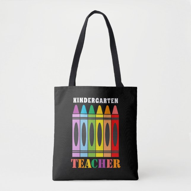 World's Best Kindergarten Teacher Rainbow Crayons Tote Bag (Front)