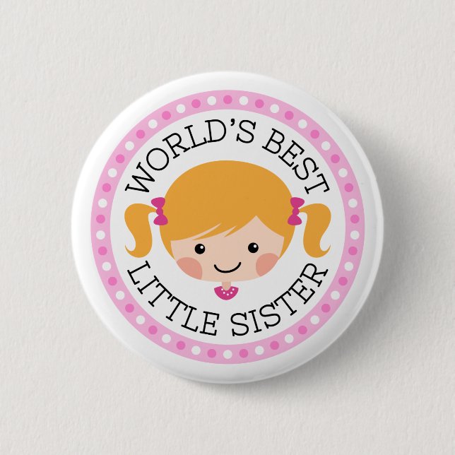 Worlds best little sister cartoon girl blonde hair 6 cm round badge (Front)